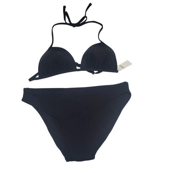 Aerie Black Bikini Set Small NWT Ribbed Bottoms Push-Up Bra Top Swimwear Neutral - Picture 1 of 13